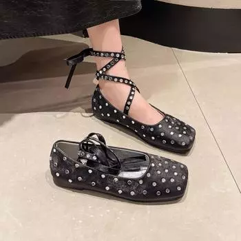 Балетки с квадратным носком, украшенные стразами и кристаллами, летнее элегантное платье, черно-белое, со шнуровкой, 2024 г., женская обувь 35 чёрный