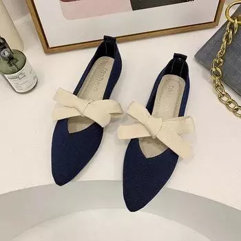 Балетки с острым носком и бантом, женские, удобные, балетки, обувь для беременных, дышащие, разноцветные, неглубокие, вязаные балетки Zapatos 35 чёрный