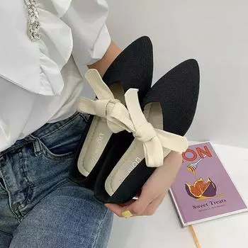 Балетки с острым носком и бантом, женские, удобные, балетки, обувь для беременных, дышащие, разноцветные, неглубокие, вязаные балетки Zapatos 35 чёрный
