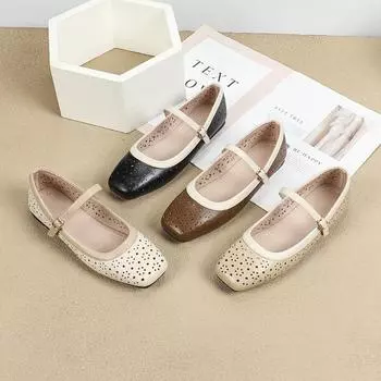 Балетки с открытыми носами для женщин, туфли с пряжкой на ремешке, дышащие туфли Мэри Джейн на плоской подошве с квадратным носком, женские повседневные удобные летние прогулочные туфли 35 чёрный