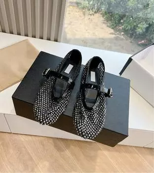 Балетки с пряжкой в одно слово, женские туфли на плоской подошве со стразами, одинарные туфли Мэри Джейн в сеточку 35