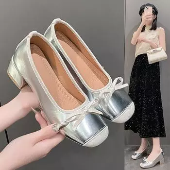 Балетки Удобные французские туфли на толстом каблуке среднего размера с квадратным носком Модные туфли с бантом 35 серебряный