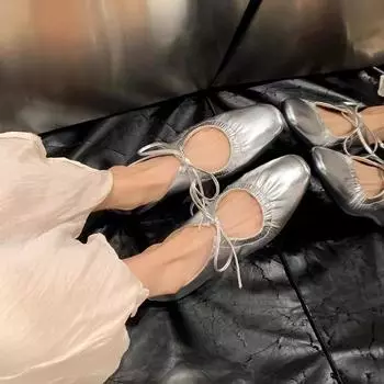 Балетки женские кожаные с винтажным ремешком на плоской подошве серебристые балетки с блестящим золотым круглым носком 2024 года весна-лето Туфли Мэри Джейн 35 золотой