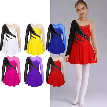 Балетная пачка с длинными рукавами для девочек, гимнастический купальник, блестящий костюм для фигурного катания со стразами 5-6 Years красный