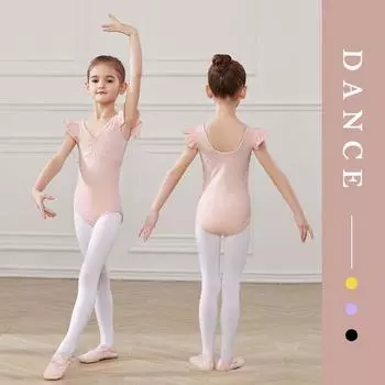 Балетные купальники для девочек-малышей с короткими рукавами и оборками, наряд для танцовщицы, боди для художественной гимнастики 110 чёрный