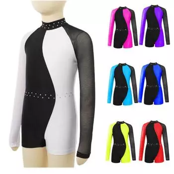 Балетный купальник для детей, сетчатый купальник с длинными рукавами контрастного цвета для танцев, комбинезон для гимнастики, одежда для танцев 5-6 Years чёрный/белый