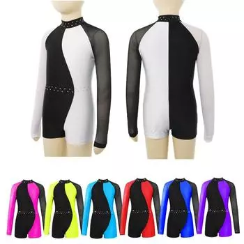 Балетный купальник для детей, сетчатый купальник с длинными рукавами контрастного цвета для танцев, комбинезон для гимнастики, одежда для танцев 5-6 Years чёрный/белый