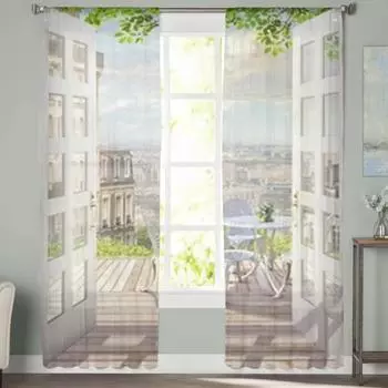 Балкон Лето Париж Прозрачные Шторы Спальня Вуаль Шторы Гостиная Окно Прозрачные Шторы Кухня Тюлевые Портьеры 135W x 114H(cm)