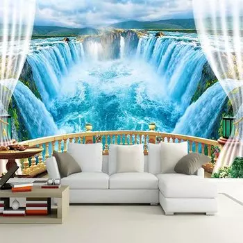Балкон Озеро Водопад 3D Настенные Обои, Природный Пейзаж Плакат Декор Фреска Художественная Настенная Роспись для Гостиной Кабинет Спальня 200 cm(W) x 140 cm(H)