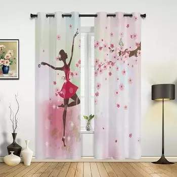 Ballet Dancer Girl Pink Flower Butterfly Curtains for Bedroom Living Room Drapes Kitchen Children Window Curtain Home Decor 135W x 60H(cm) x1
