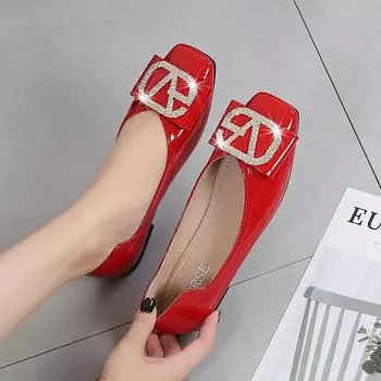 Ballet Flats Shoes Women 2024 Spring Ladies Solid Crystal Rhinestone Slip On Red Square Toe Fashion Bling Bling Women s Shoes 35 абрикосовый