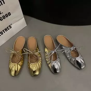 Ballet Flats Women Leather Shoe Women Narrow Band Silver Flats Bling Bling Gold Round Toe 2024 Spring Footwear Designer Sandals 35 золотой