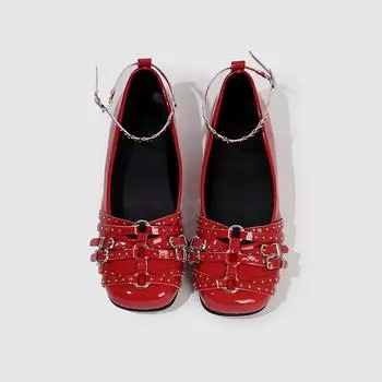 Ballet flats women s spring new leather retro single shoes inner height increase rivet shallow mouth Mary Jane shoes 35