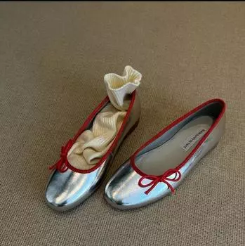 Ballet shoes cowhide version French bow round head shallow mouth low heel single shoes women commuter one pedal grandma shoes 35