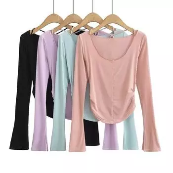 Ballet Style Girl Style Slightly Transparent T-Shirt Slim Fit Sexy Hanging Neck Trumpet Sleeve Base Shirt Pure Desire Ribbon Top S чёрный