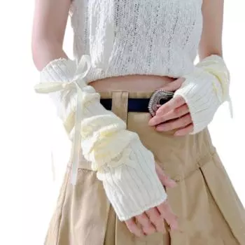 Ballet Style Knitted Bow Arm Sleeves Elastic Half Finger Long Gloves Arm Cover Arm Warmers Girls