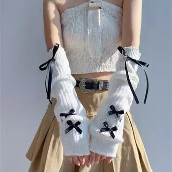 Ballet Style Knitted Bow Arm Sleeves Elastic Half Finger Long Gloves Streetwear Arm Warmers Girls белый/розовый