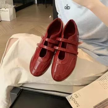 Ballet style retro double Velcro round head lazy casual women s shoes 2025 spring and summer height increase shallow mouth flat-soled single shoes 35
