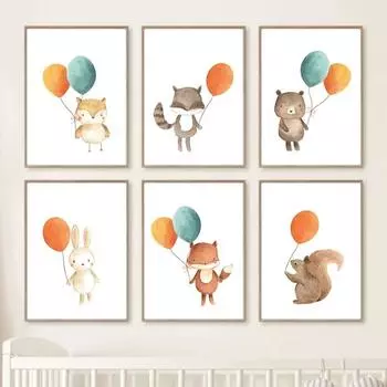 Balloon Fox Rabbit Bear Owl Raccoon Nursery Wall Art Canvas Painting Kid Room Posters Prints Wall Pictures Baby Bedroom Decor 21cm30cm NoFrame
