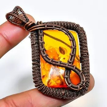 Ювелирный кулон из балтийского янтаря ручной работы в виде медной проволоки 2,56 дюйма 2.56 оранжевый