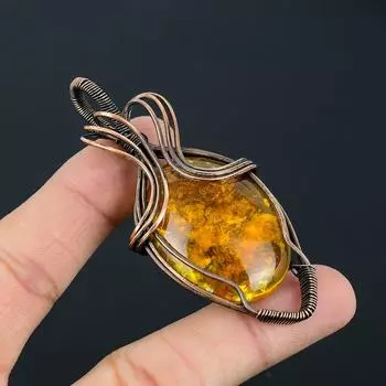 Балтийский янтарь, драгоценный камень ручной работы, подвеска из чистой медной проволоки, обернутая ювелирными изделиями на День памяти 2.56 Inches жёлтый