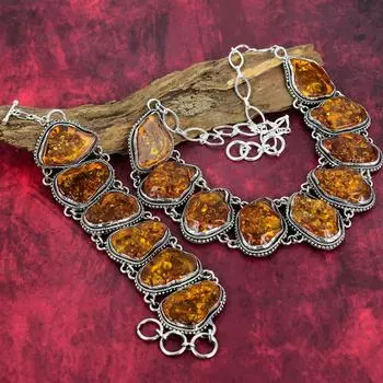 Балтийский янтарь, драгоценный камень, стерлинговое серебро 925 пробы, браслет и комплект ювелирных изделий из ожерелья, регулируемая цепочка ручной работы для женщин Adjustable With 8 -18 жёлтый