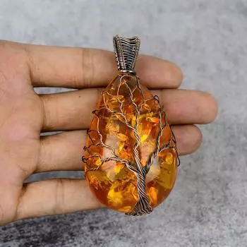 Балтийский янтарь Gemstone Pure Copper Wire Wrap Ювелирная подвеска ручной работы 2.95 inches оранжевый