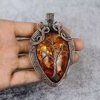 Балтийский янтарь Gemstone Pure Copper Wire Wrap Ювелирная подвеска ручной работы 3.34 inches оранжевый