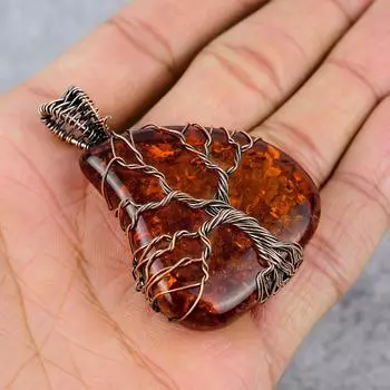 Балтийский янтарь Gemstone Pure Copper Wire Wrap Ювелирная подвеска ручной работы 2.36 inches оранжевый