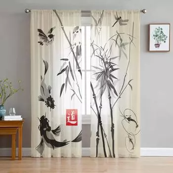 Bamboo Carp Chinese Ink Painting Tulle Curtains For Living Room Bedroom Kitchen Decoration Chiffon Sheer Voile Window Curtains W135 x H115cm x1&Rod Pocket