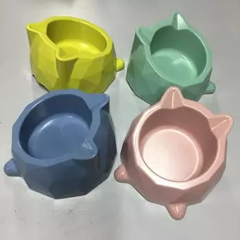 Миска для корма для собак из бамбукового волокна, симпатичная, в форме мультяшного кота, косой рот, кормушка для домашних животных, приподнятая, для кормления щенков, одинарная, поилка для котят