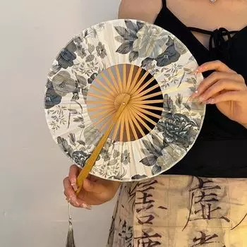 Bamboo Handle Folding Hand Fan Round Hand Circular Fan Art Hand Fans Windmill Fan Summer Decor Style B