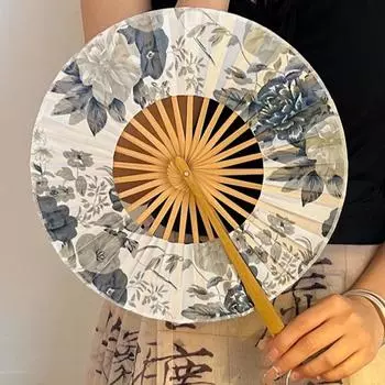 Bamboo Handle Windmill Fan Exquisite Hand Circular Fan Art Hand Fans Folding Hand Fan Lady Style C