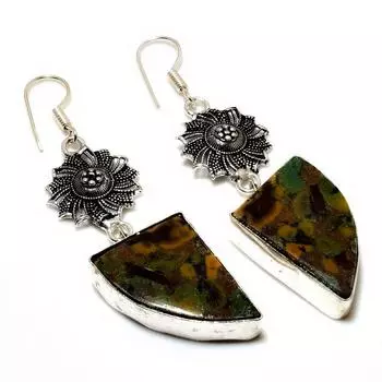 Серьги ручной работы из бамбуковой яшмы с посеребрением 925 пробы 2,65 дюйма