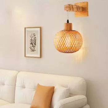 Bamboo Lantern Wall Lamp Natural Rattan Wicker E27 Retro Hemp Rope Chandeliers Hand-Woven Bamboo Room Wall Light Decor Fixtures 1pc