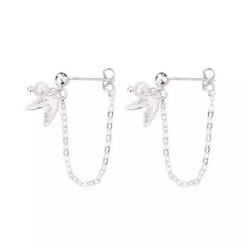 Bamboo Leaf Pearl Earrings Rear Hanging Design Mori Ins Hong Kong Style Long Face Thin Leaves Round Bead Chain Earrings Copper (silver)