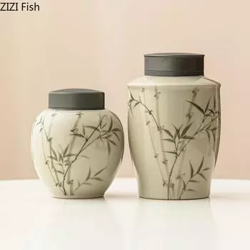 Bamboo Leaf Tea Can Creative Ceramic Sealed General Can Kitchen Coffee Candy Tea Storage Can Chinese Tea Ceremony Accessories