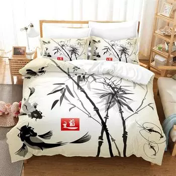 Комплект постельного белья с рисунком из бамбука в китайском стиле, комплект постельного белья для молодежи, комплект постельного белья размера «queen-size», модный комплект постельного белья EU single(135x200cm)