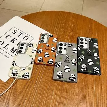 Bamboo Panda Pattern for Magsafe Magnetic Case for Samsung S24 Ultra S23 S22 Plus S21 S20 Fe Leather Texture Shockproof Soft Tpu Square Slim Cover Samsung S24 FE чёрный