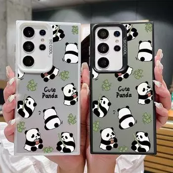 Bamboo Panda Pattern Square Phone Case for Samsung S24 S22 Ultra S23 S21 S20 Fe A54 A53 A52 Shockproof Slim Anti-Fall Laser Imd Cover Samsung S24 серый