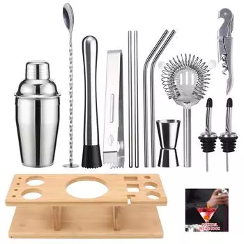 Bamboo Rack Wine Set Bartender Set Stainless Steel Boston Shaker Cup Bar Cocktail Bartender Cup Japanese Set