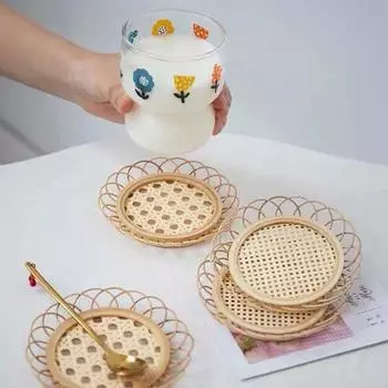 Bamboo Round Rattan Storage Hand-Woven Saucer Handmade Coaster Cup Holder Pot Pad Tea Mat Rattan Woven Cup Holder Wooden Tray