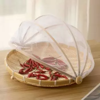 Bamboo Woven Basket Anti-mosquito Net Fruit And Vegetable Basket Dustpan Sun Basket Handmade Dust-proof Kitchen Storage S