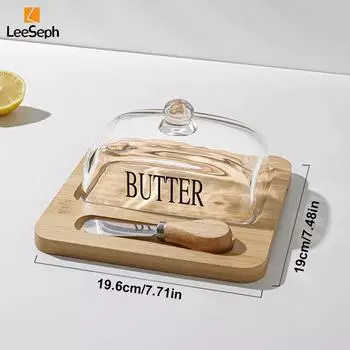 Бамбуковая масленка Leeseph со стеклянной крышкой и ножом, многоразовая емкость для хранения масла, контейнер для масла, кухонный инструмент светло-коричневого