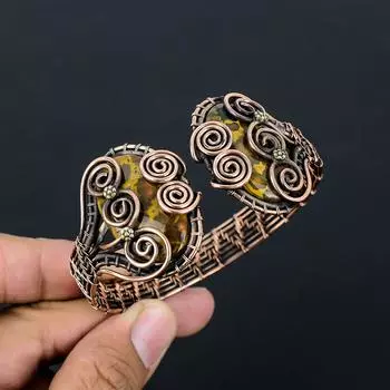 Бамбуковая яшма, драгоценный камень, чистая медная проволока, завернутая в манжеты/браслет ручной работы, регулируемые украшения для нее Adjustable жёлтый