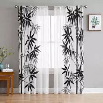Бамбуковые черно-белые тюлевые прозрачные шторы для гостиной, спальни, кухни, украшения, вуаль, шторы из органзы 135W x 114H(cm)