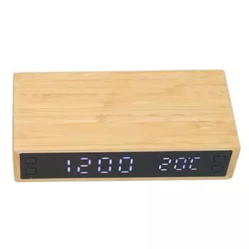 Бамбуковый цифровой будильник с беспроводной зарядкой, 3 настройки будильника, дисплей температуры, украшение
