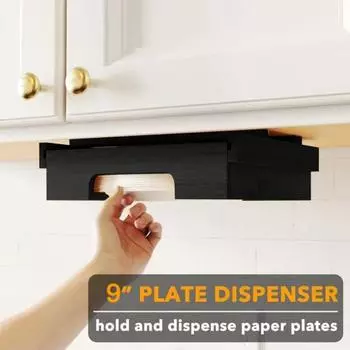 Бамбуковый держатель для бумажной тарелки, большая емкость под шкафом, 9-дюймовая одноразовая бумажная тарелка для торта, бамбуковый диспенсер чёрный