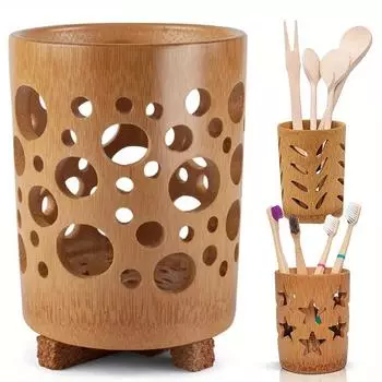 Бамбуковый держатель для зубной щетки для ванной комнаты, чашка для зубной щетки с дренажем, быстросохнущая чашка для ванной комнаты, держатель для зубной пасты, разлагаемая чашка Round Style