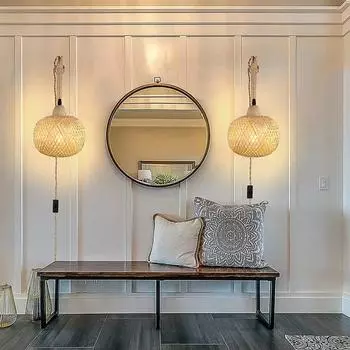 Бамбуковый фонарь настенный светильник натуральный ротанг E27 люстры декор комнаты абажуры настенные светильники украшения дома EU Plug белый